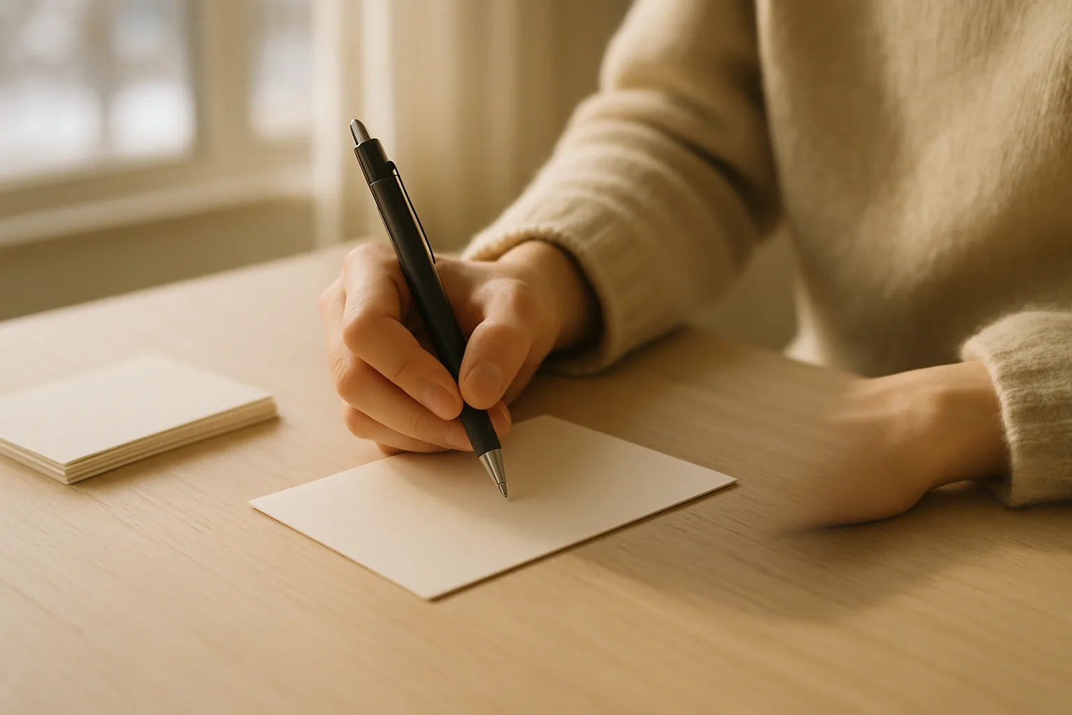 白いはがきの上で、書き出しの一行だけ書かれたところで止まったペン
