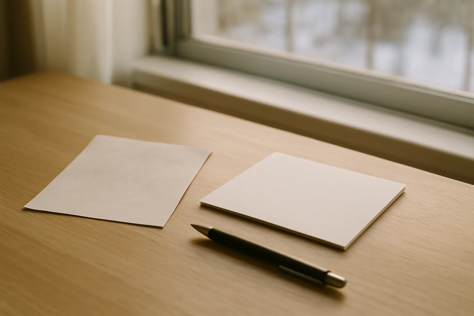 下書き用の紙と、清書した白いはがき