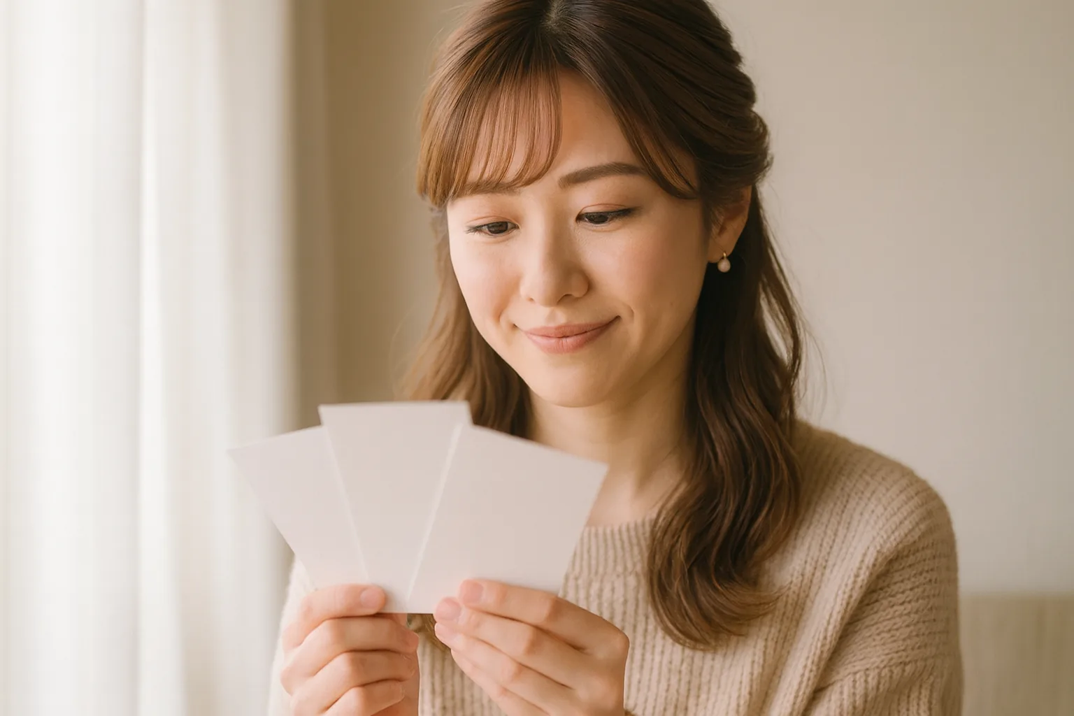 書き終えたはがきを一枚ずつ確かめるみさき