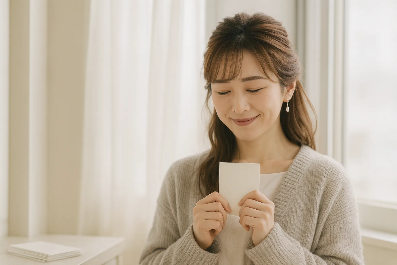 窓辺で、書き上げたはがきを見て笑うみさき