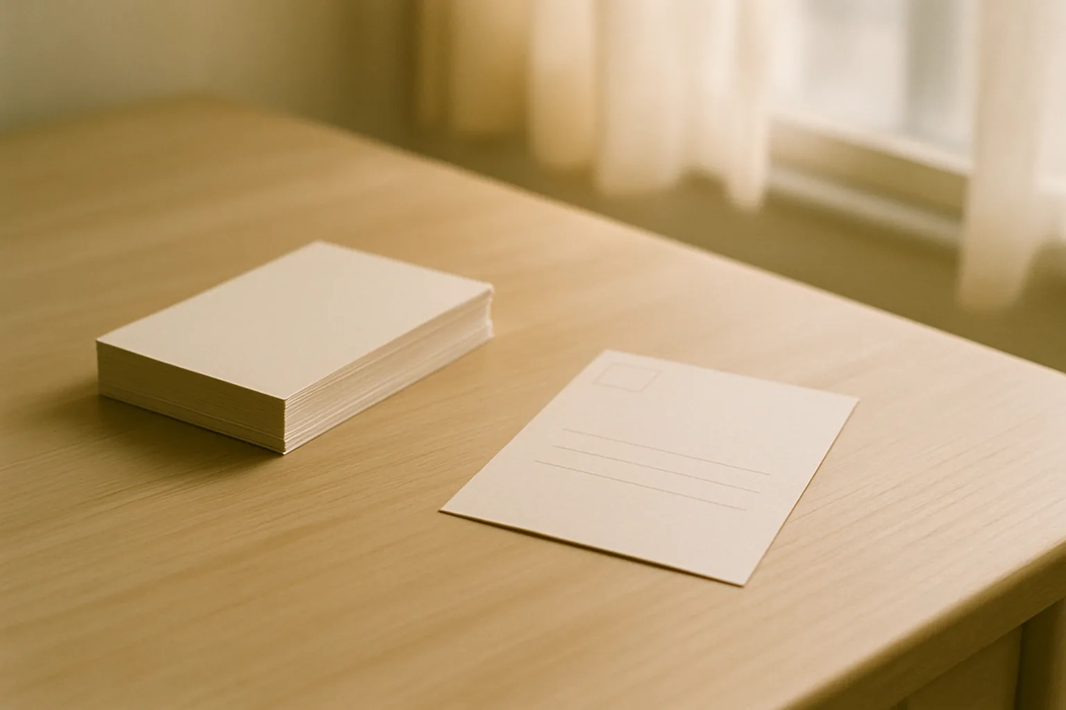 余った年賀はがきの束（裏返し）と、新しい白いはがき