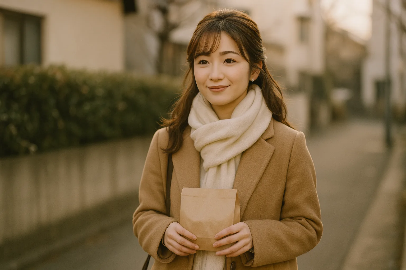 冬の午後、小さな紙袋を持って歩くみさき