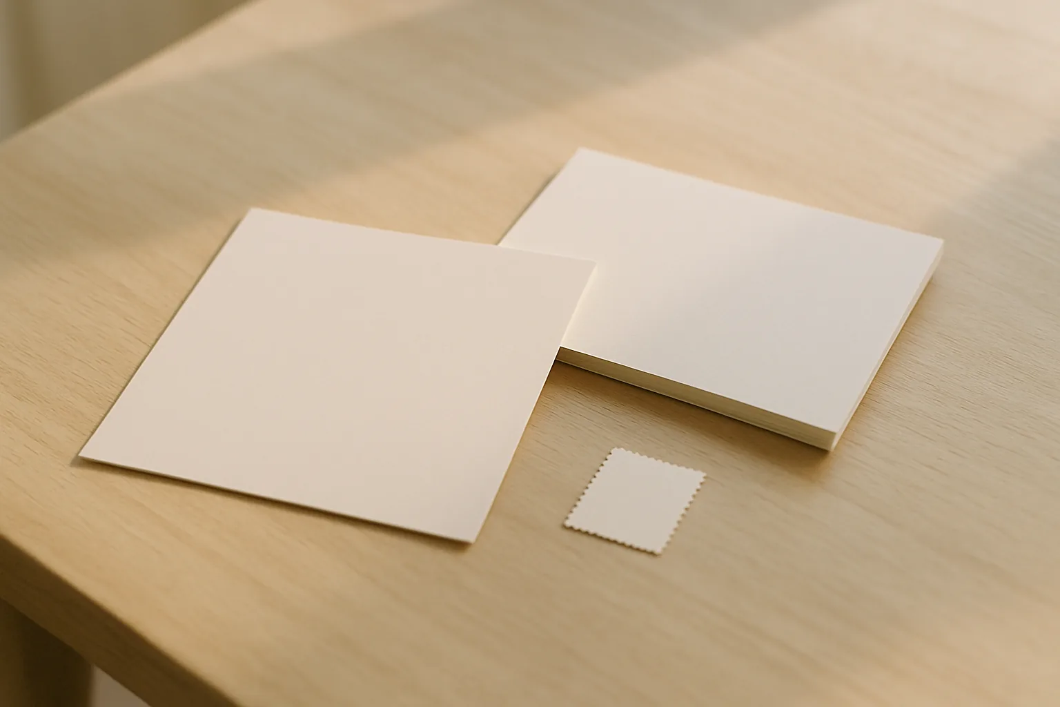 白い通常はがきと、椿の絵柄の私製はがき（絵柄は見えない角度）と切手