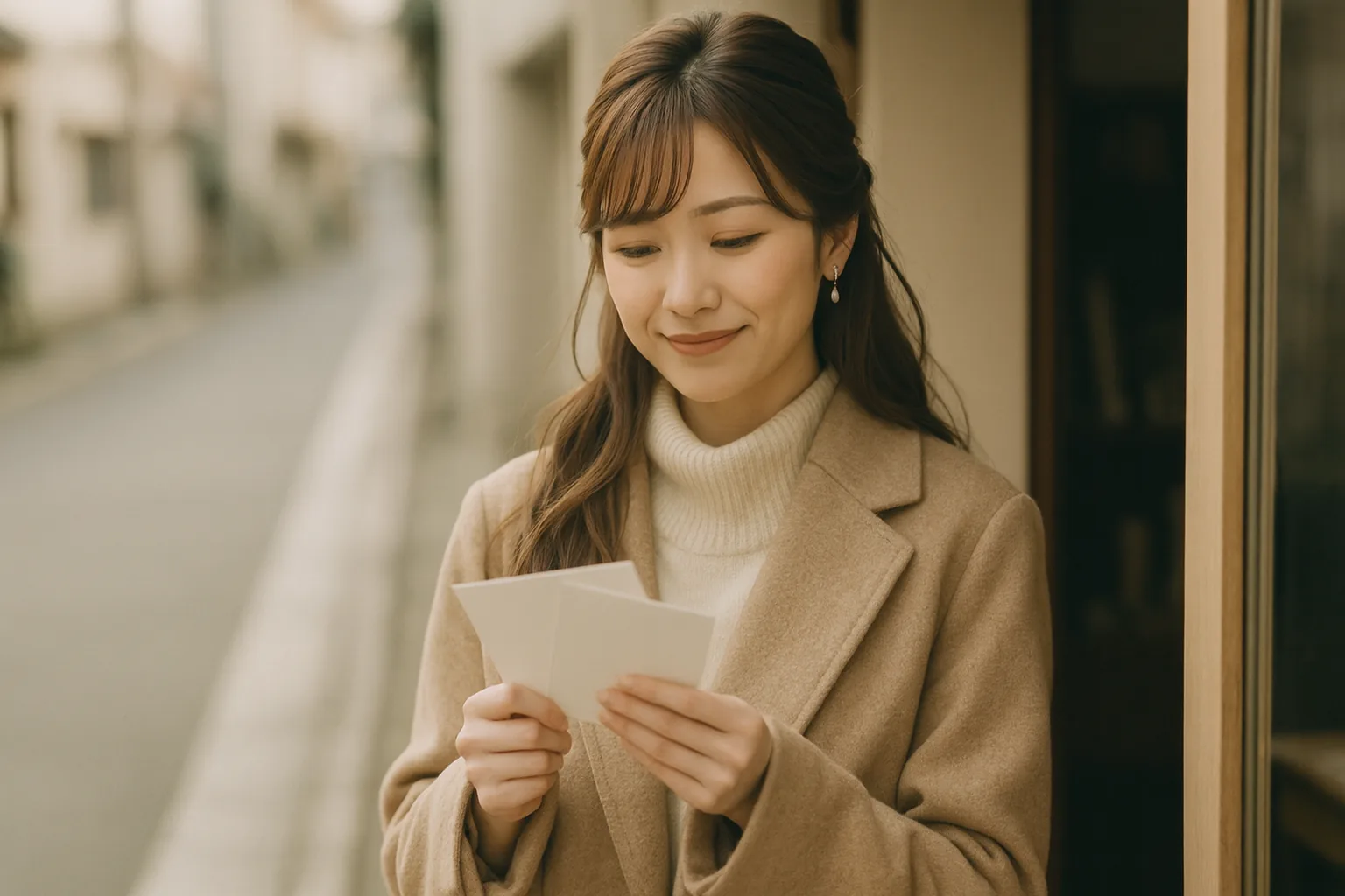 3枚のはがきと切手を手に、店を出るみさき