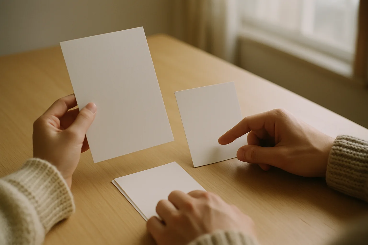 ふたりの手が書類と白いはがきを見比べている