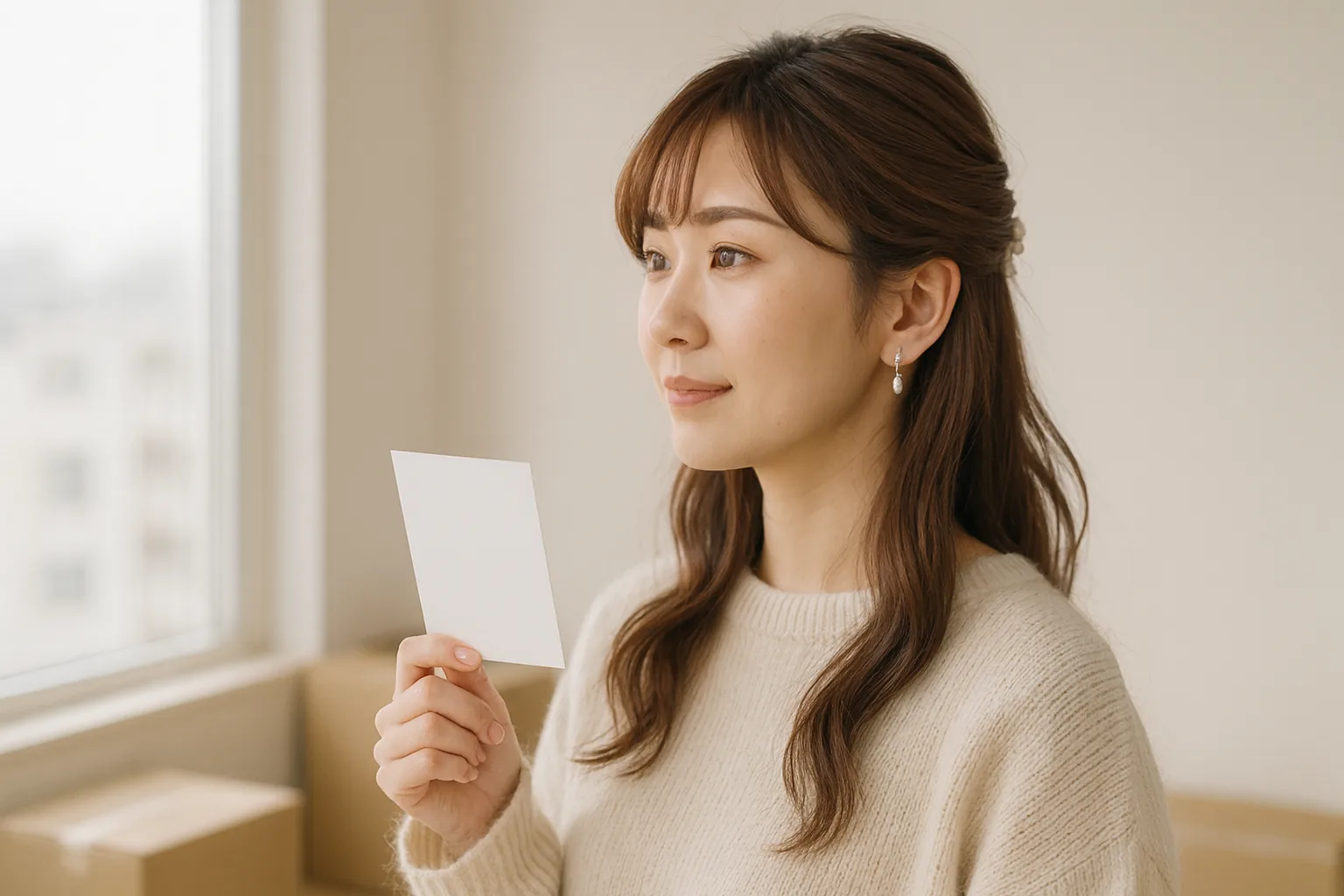 新しい部屋の窓辺で、封をしたはがきを持つみさき