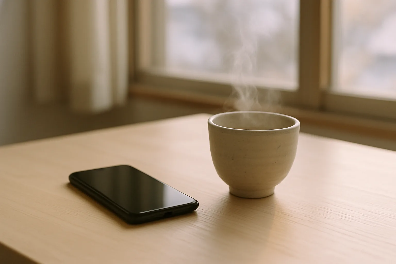 テーブルに伏せて置かれたスマートフォンと湯のみ