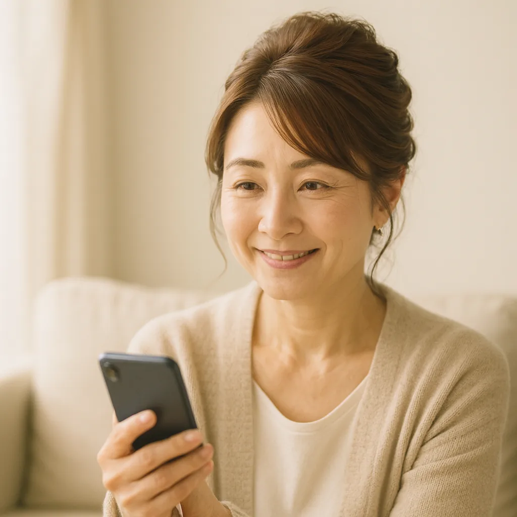 スマートフォンを手に、電話で話す母