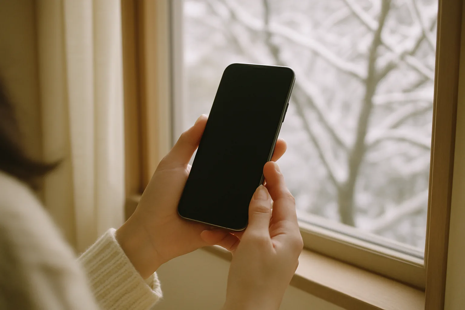 窓の外の雪を撮ろうとしている手元のスマートフォン（画面は暗い）