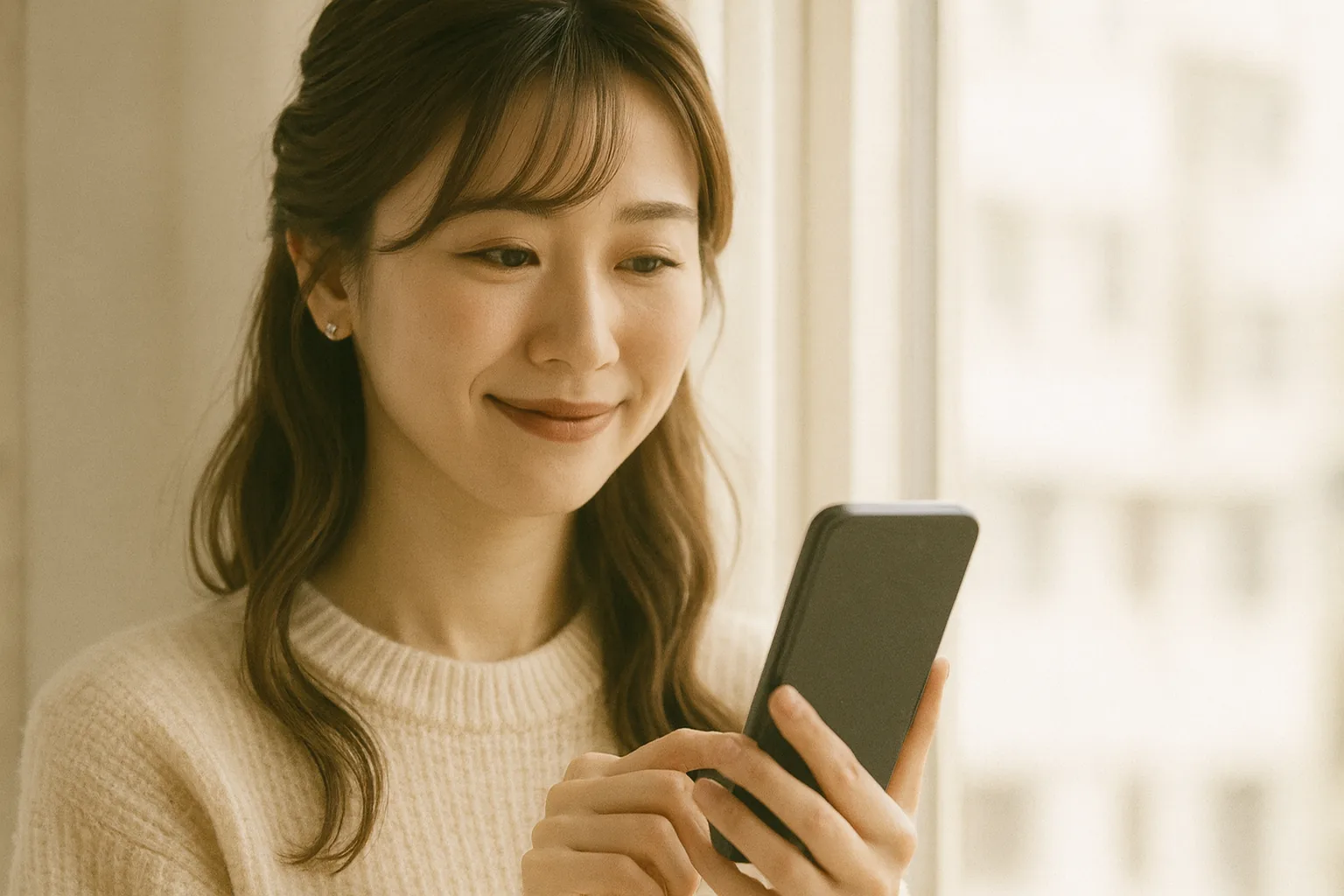 朝の窓辺でスマートフォンを手に微笑むみさき
