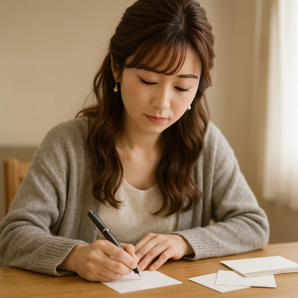 テーブルでひとり、はがきに向かうみさき