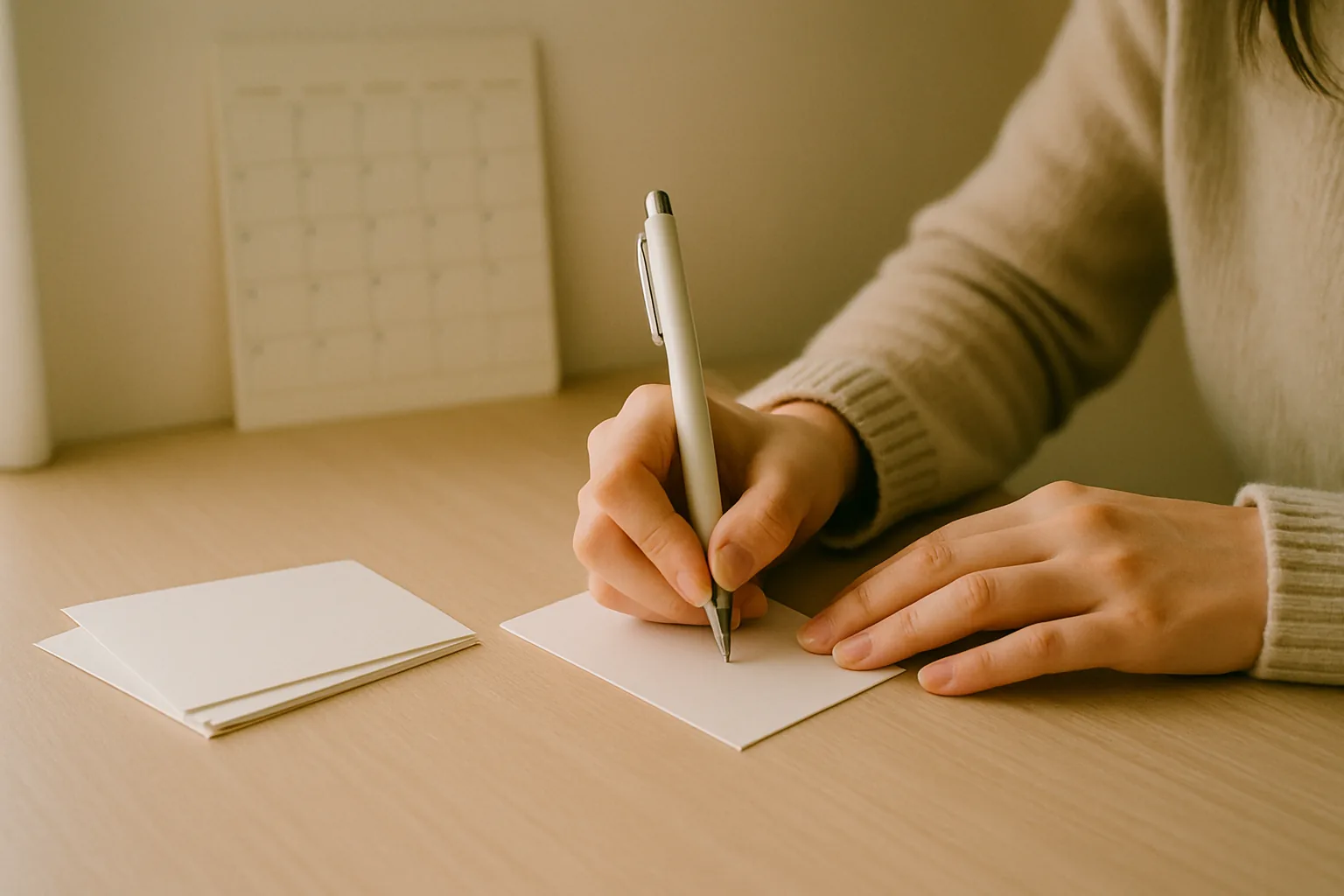 壁のカレンダーの前で、白いはがきに書く手元