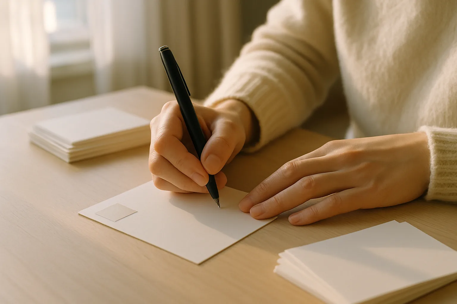 絵はがきに切手を貼り、ボールペンで書く手元