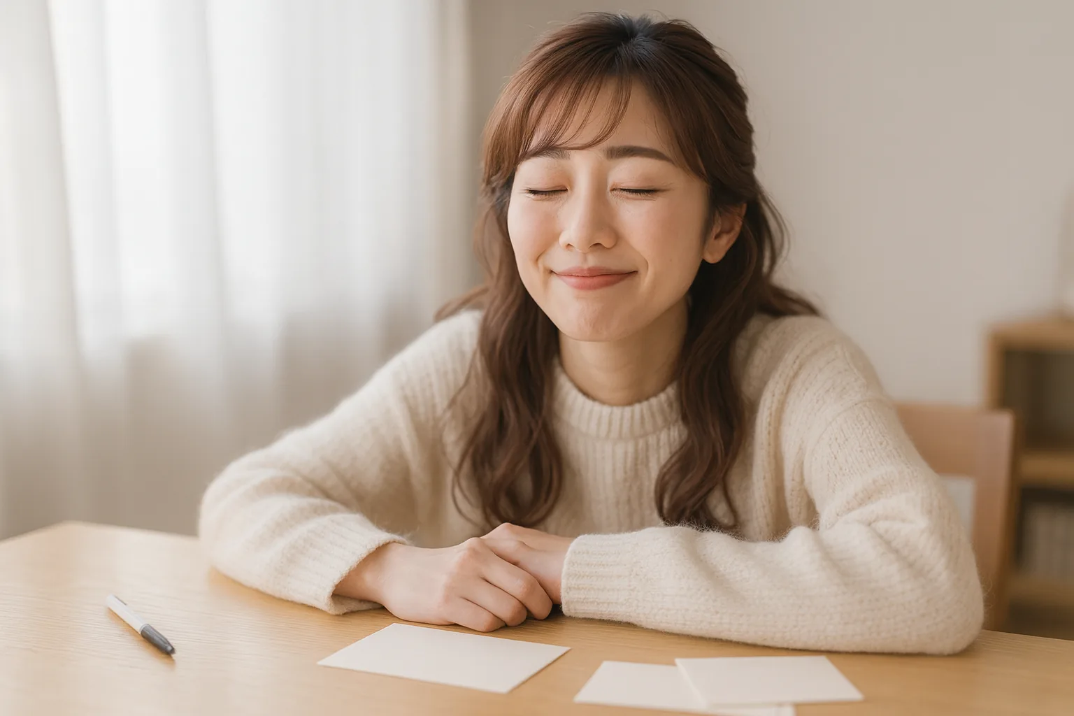 書き終えて、ペンを置いて息をつくみさき
