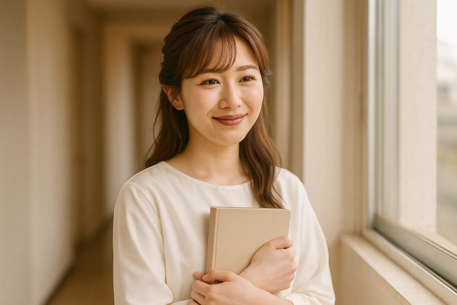 廊下の窓辺で、ノートを胸に抱えてほっとした表情の女性
