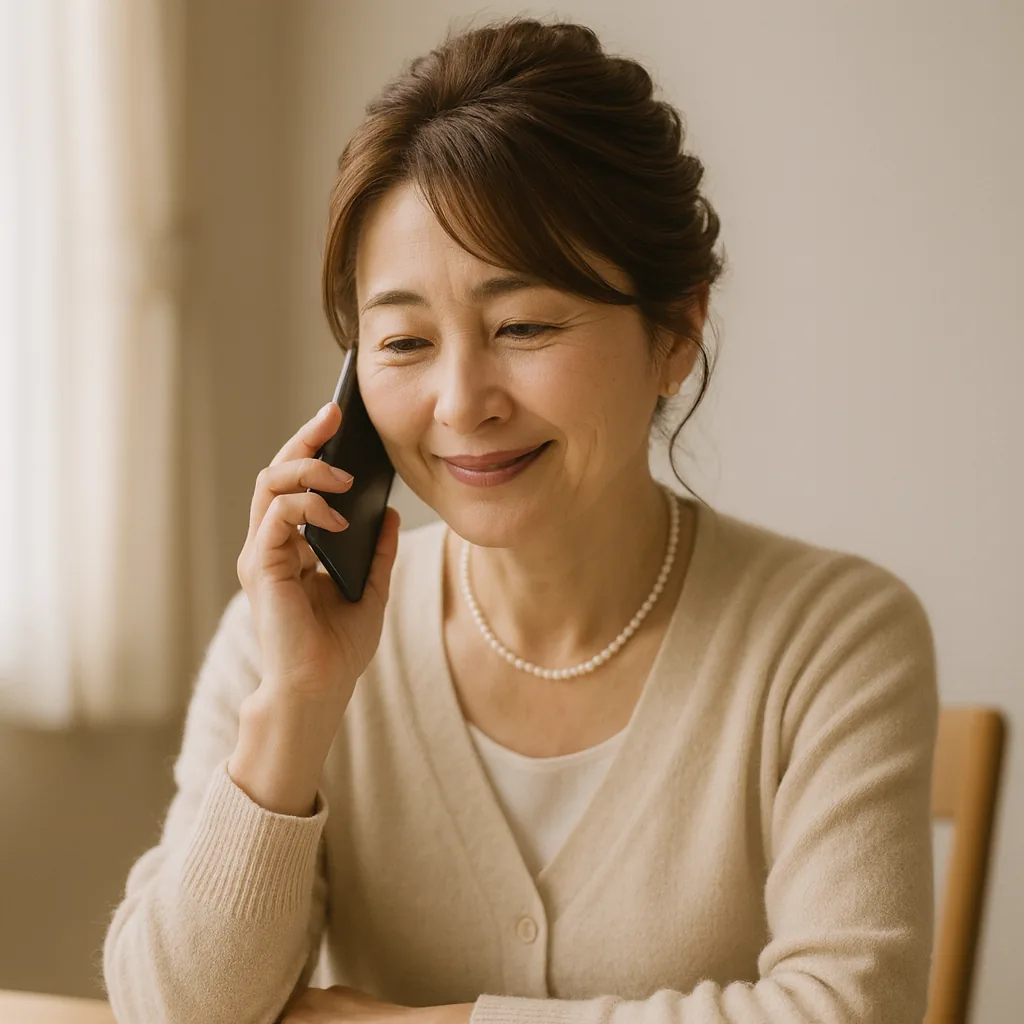 電話口で、うなずきながらおだやかにほほえむ母