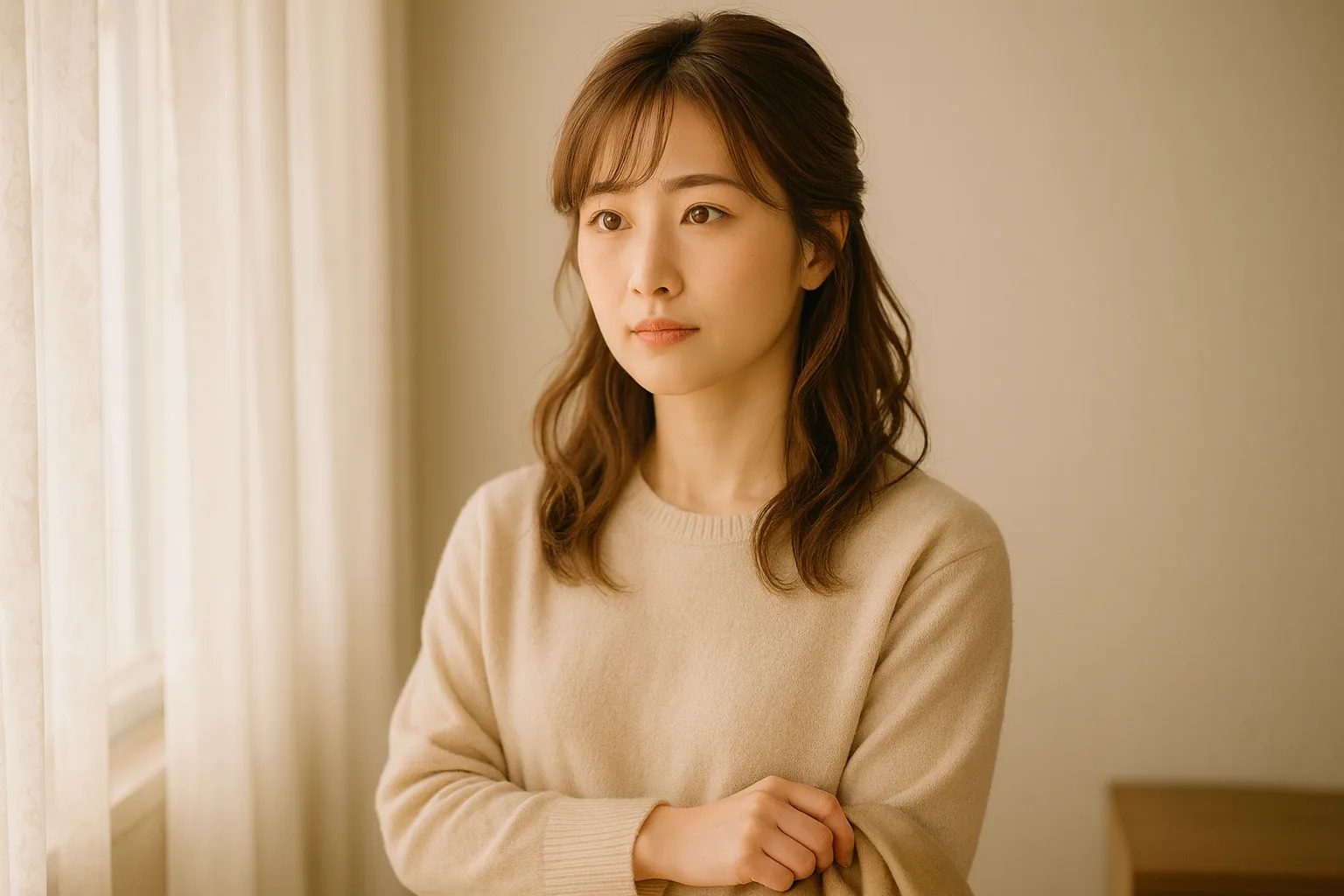 朝の窓辺で、コートを腕にかけて立つ女性
