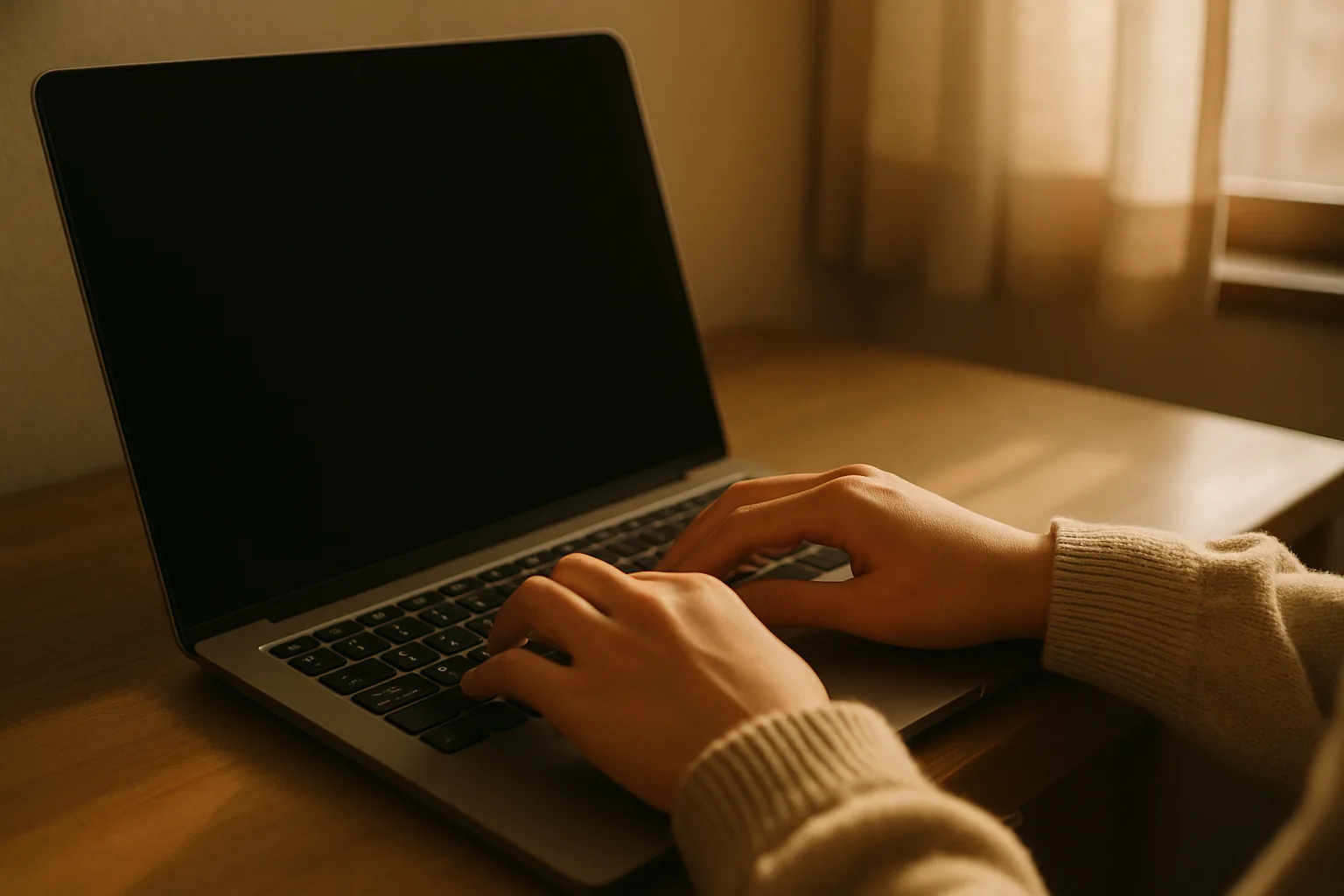 暗い画面のノートパソコンで、キーボードに手を置いている女性の手元