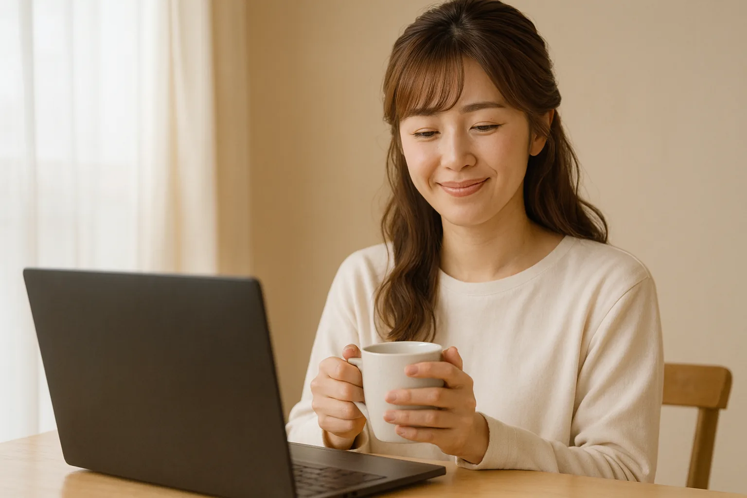 閉じたノートパソコンの前で、マグカップを両手で包んでほほえむ女性