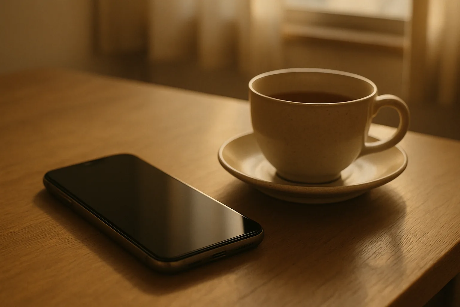 テーブルに伏せて置かれたスマートフォンと湯のみ