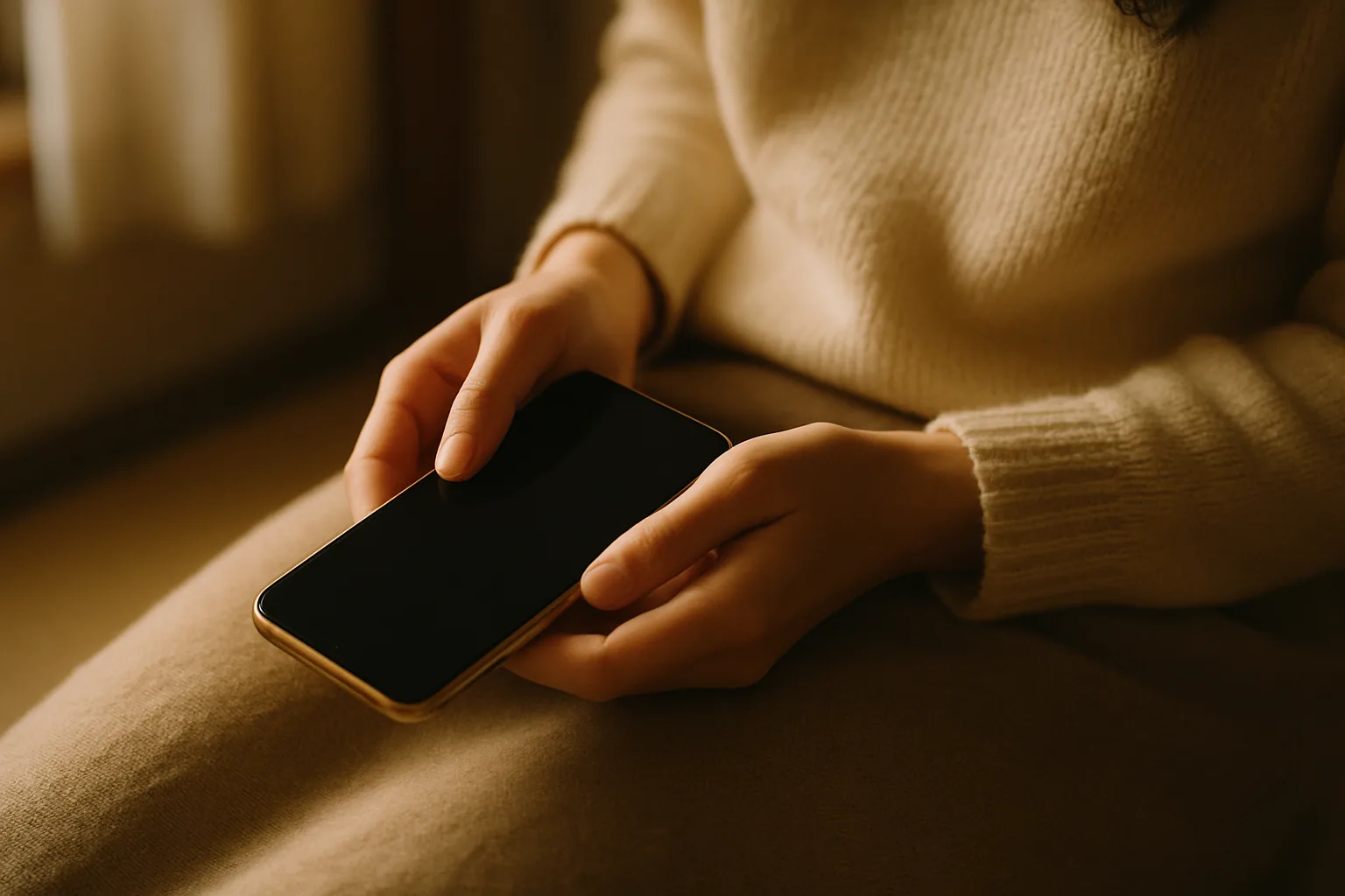 膝の上でスマートフォンを両手に持つ女性の手元（画面は消えている）