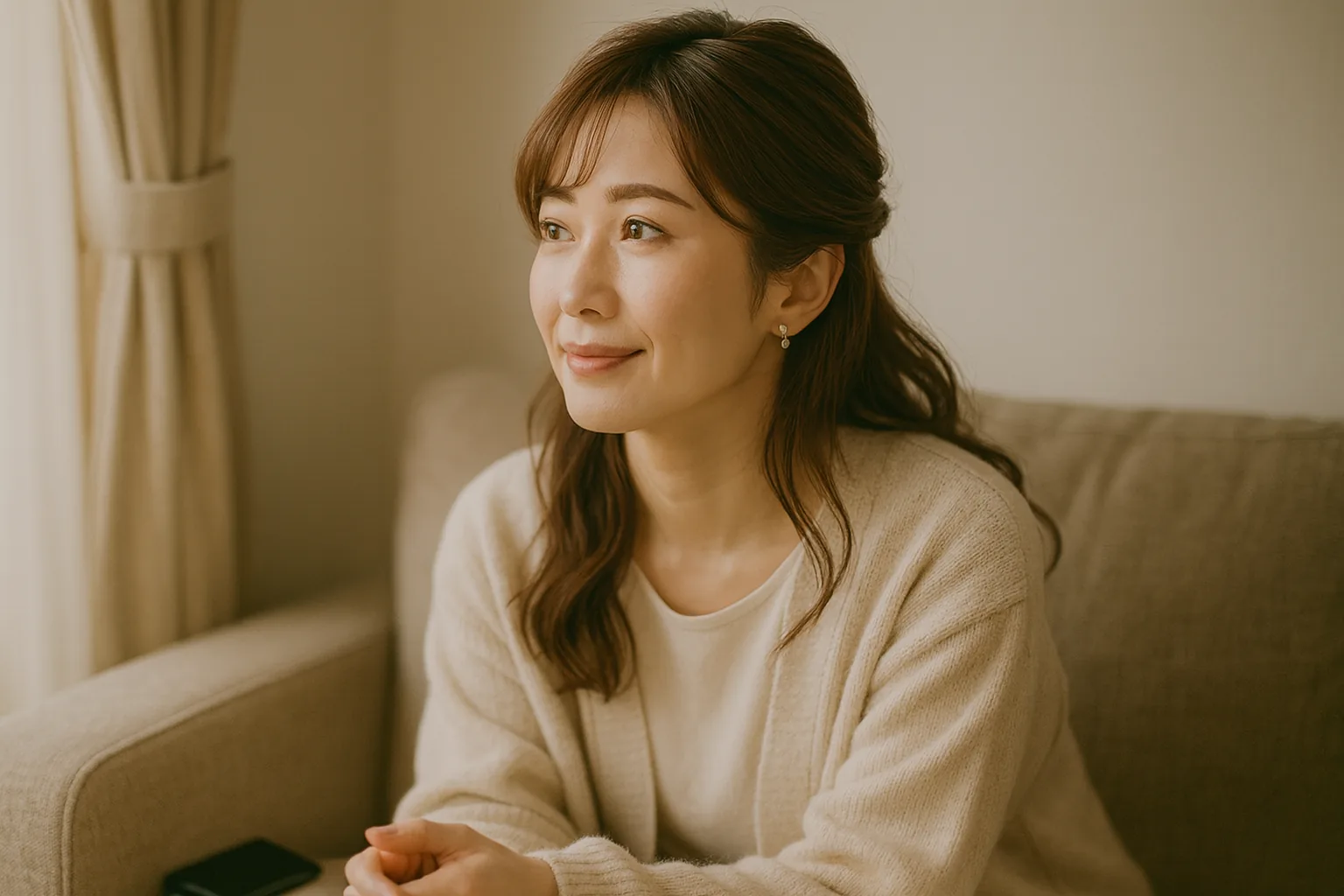 電話のあと、ソファで窓のほうを見ておだやかな表情の女性
