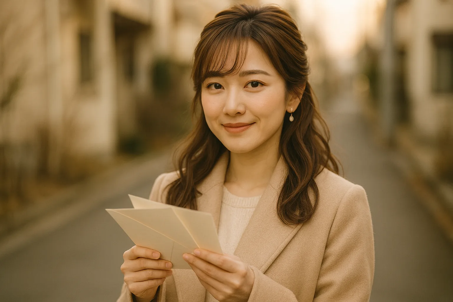 冬の道で、無地の封筒を何通か持って歩く女性