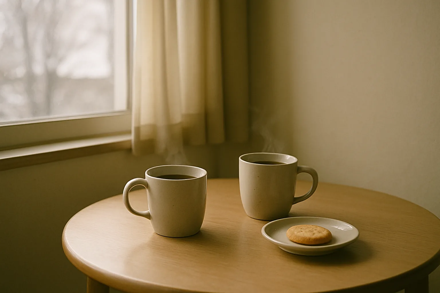 窓辺のカフェのテーブルに置かれたコーヒー2杯と小皿