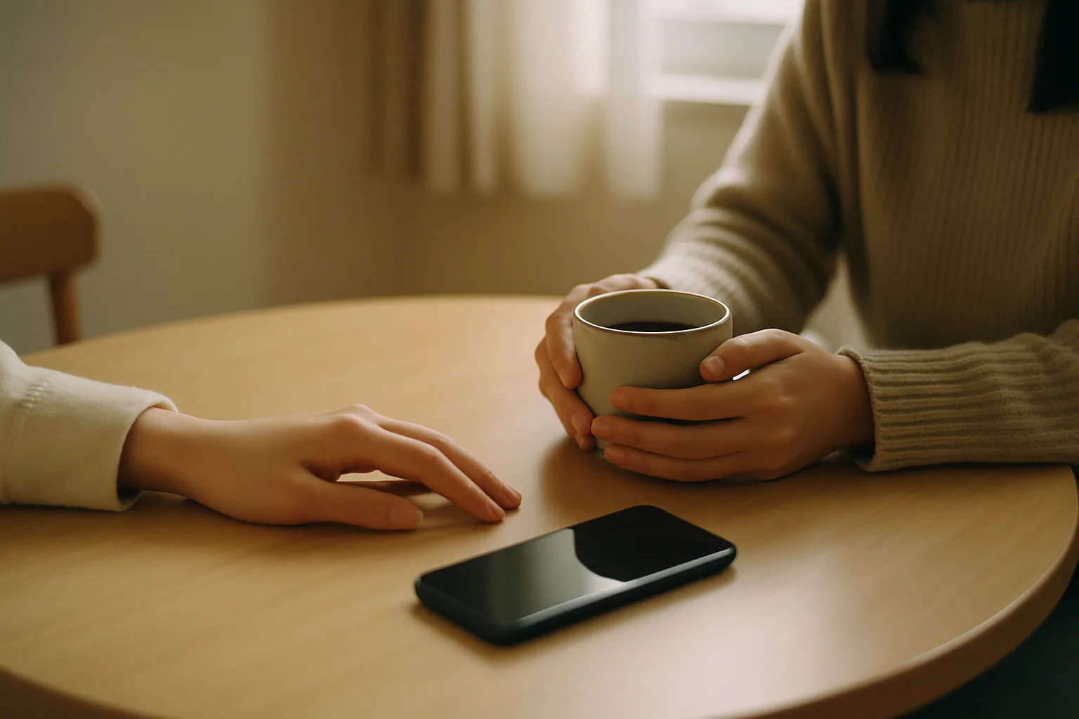 カフェのテーブルをはさんだ2人の手と、伏せて置かれたスマートフォン