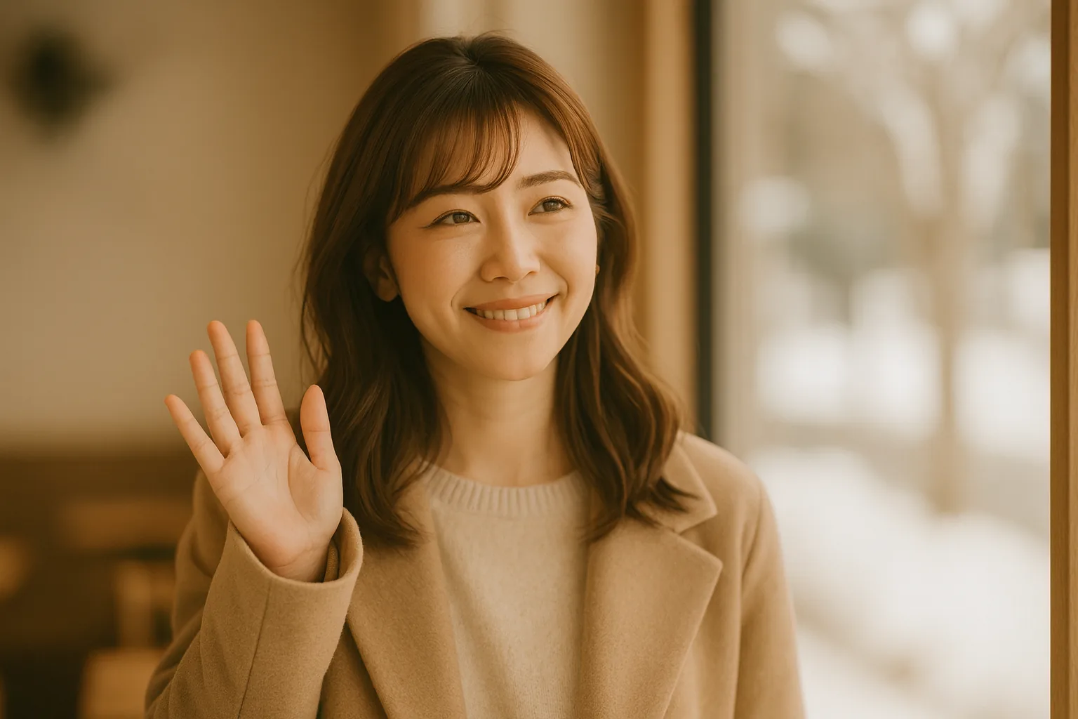 カフェの外で、フレームの外の相手に手を振る女性