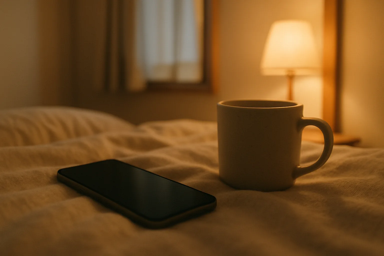 ブランケットの上に伏せて置かれたスマートフォンとマグカップ