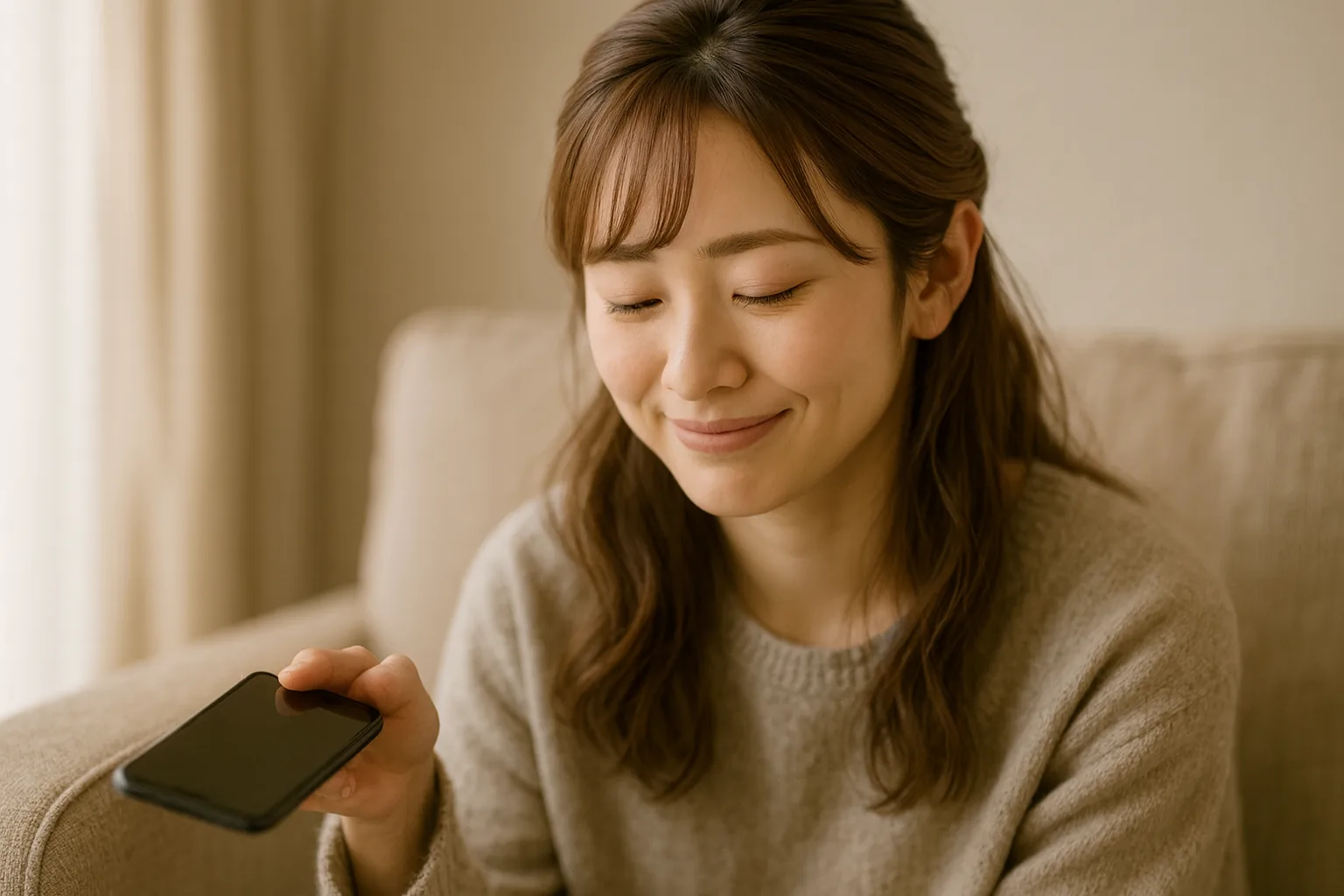 ソファの肘掛けにスマートフォンを置いて、ほっとした表情の女性