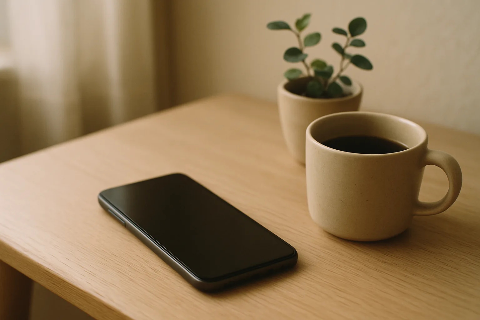 テーブルに伏せたスマートフォンと、コーヒーと小さな観葉植物