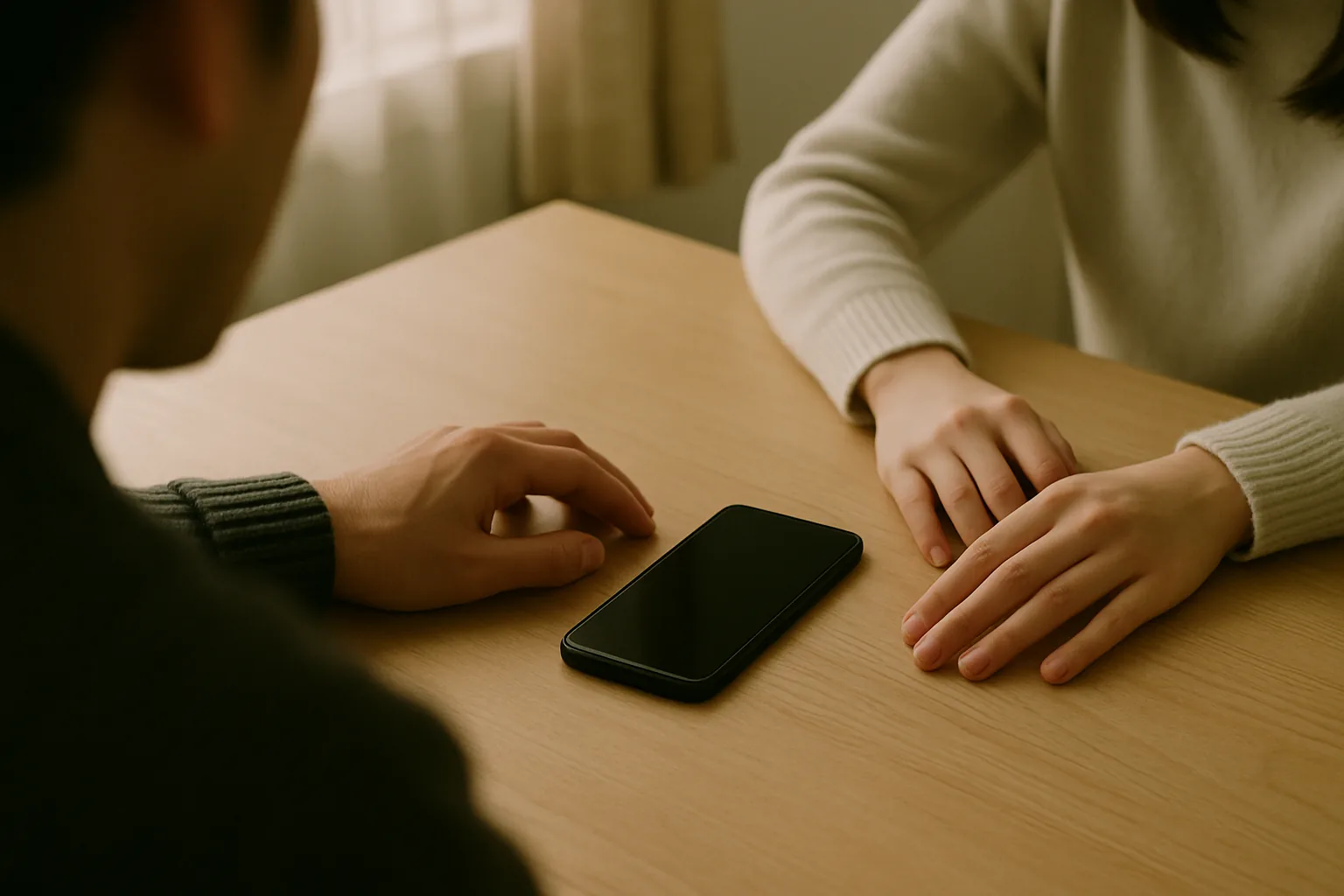 伏せたスマートフォンをはさんで、テーブルに置かれた男性の手と女性の手