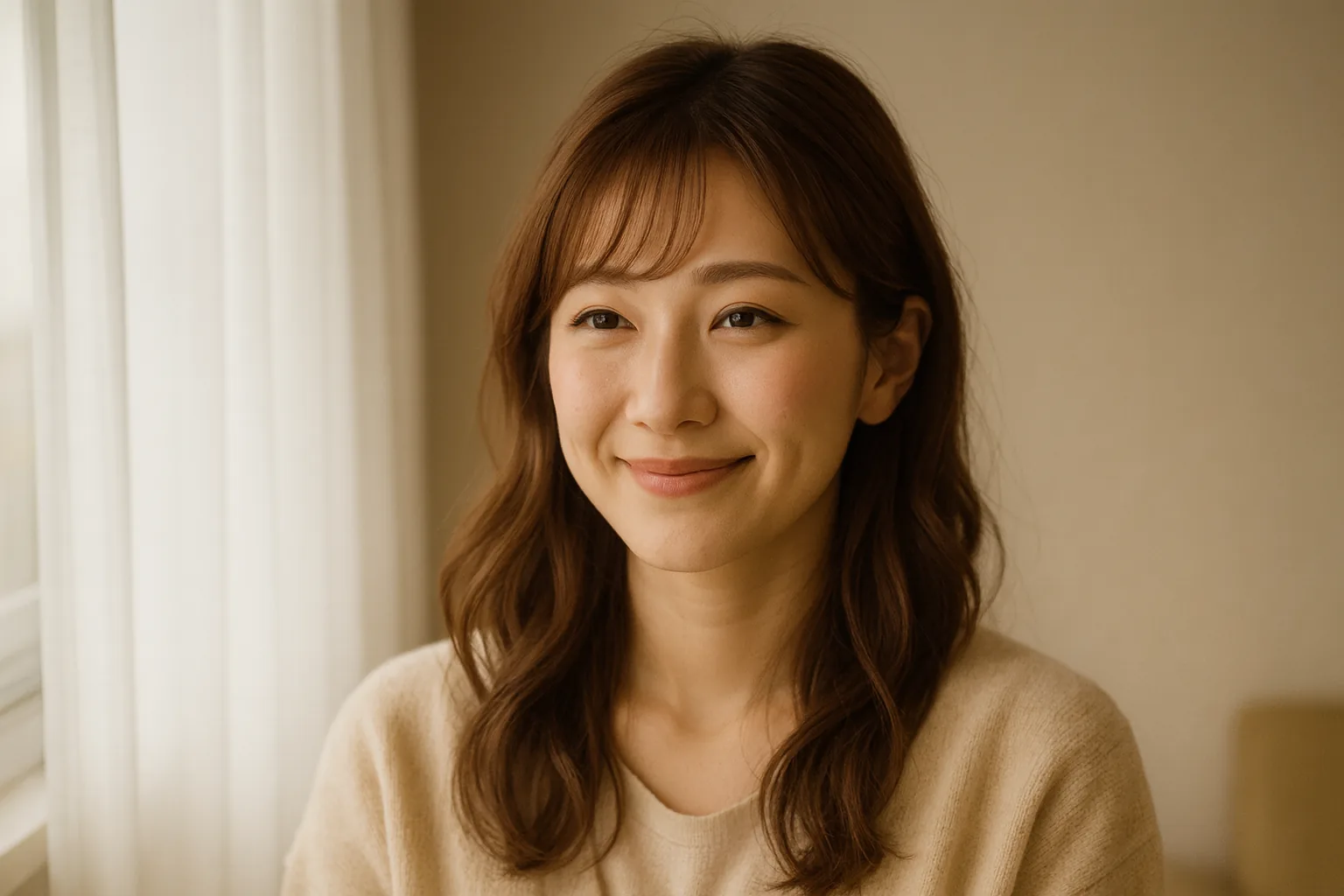 午後の窓辺で、落ち着いた表情でほほえむ女性
