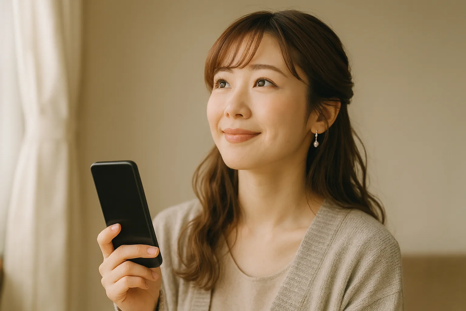 スマートフォンを軽く持って顔を上げた、身軽な表情の女性