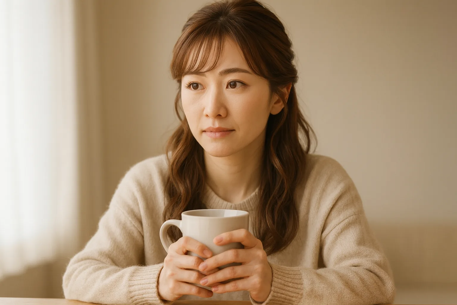 テーブルでマグカップを両手に持ち、決めた表情の女性