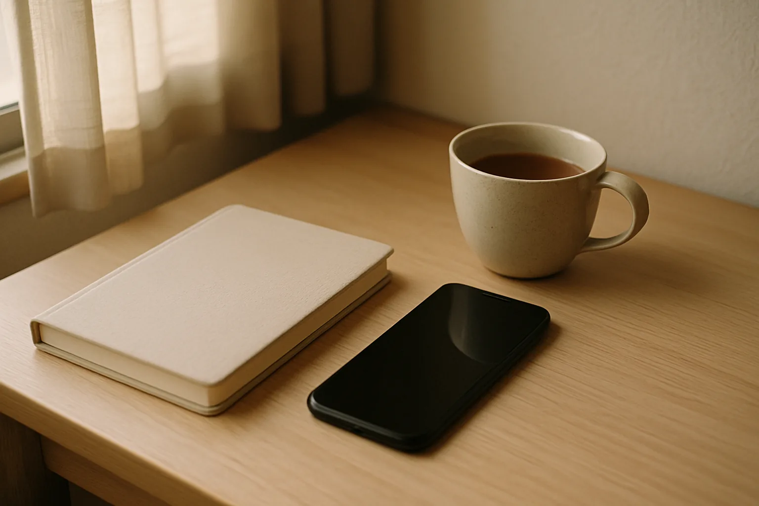 閉じたノートと、伏せたスマートフォンと湯のみが置かれた静かな机