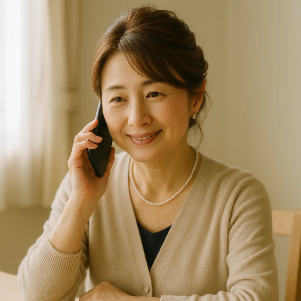 電話口で、安心させるようにおだやかにほほえむ母