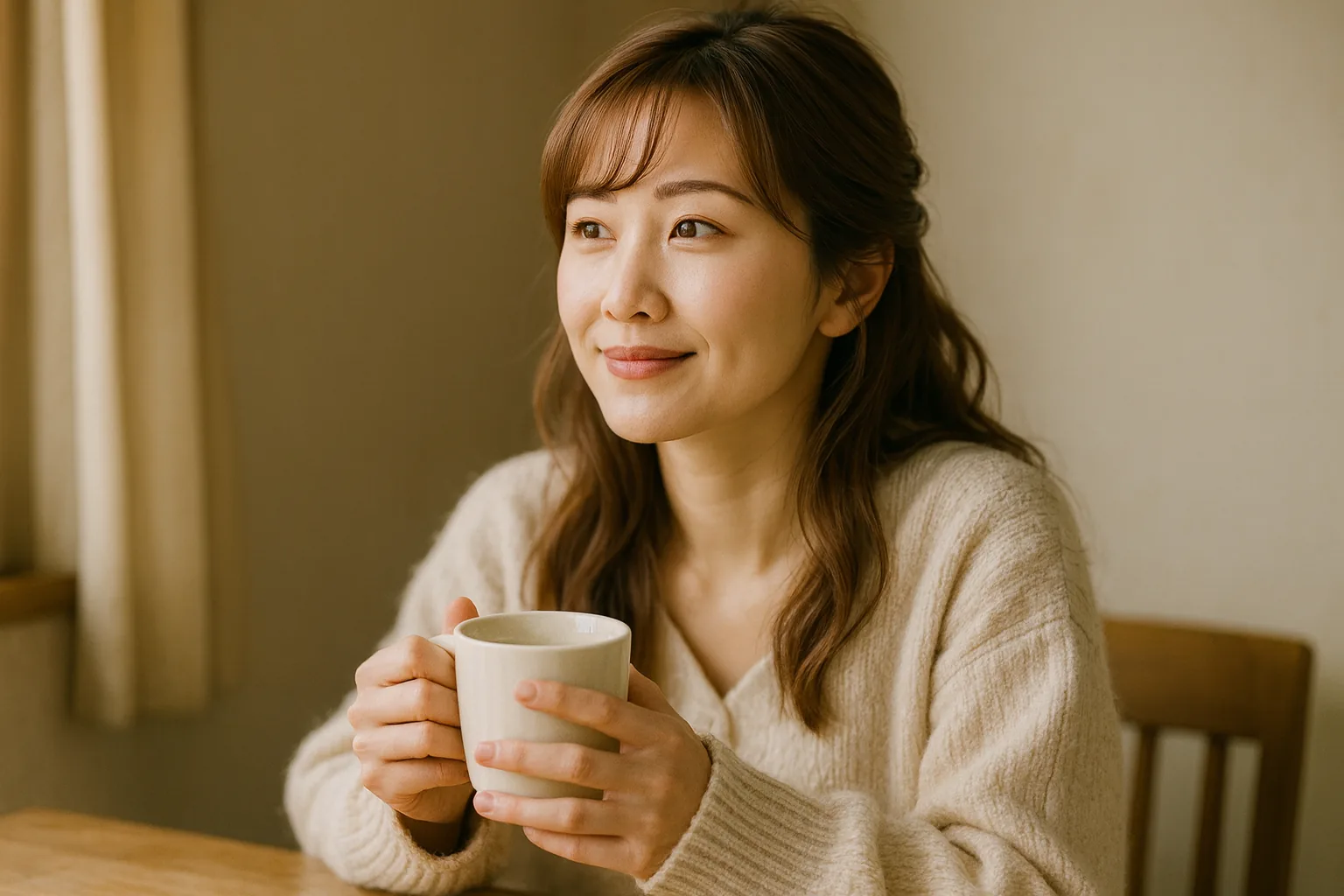 午後の食卓で湯のみを両手に包み、窓のほうを見てほほえむ女性