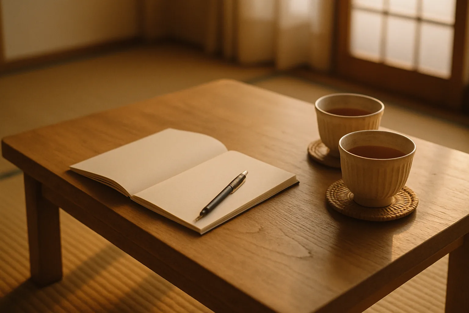 低いテーブルに置かれた湯のみ2つと、何も書かれていないノートとペン