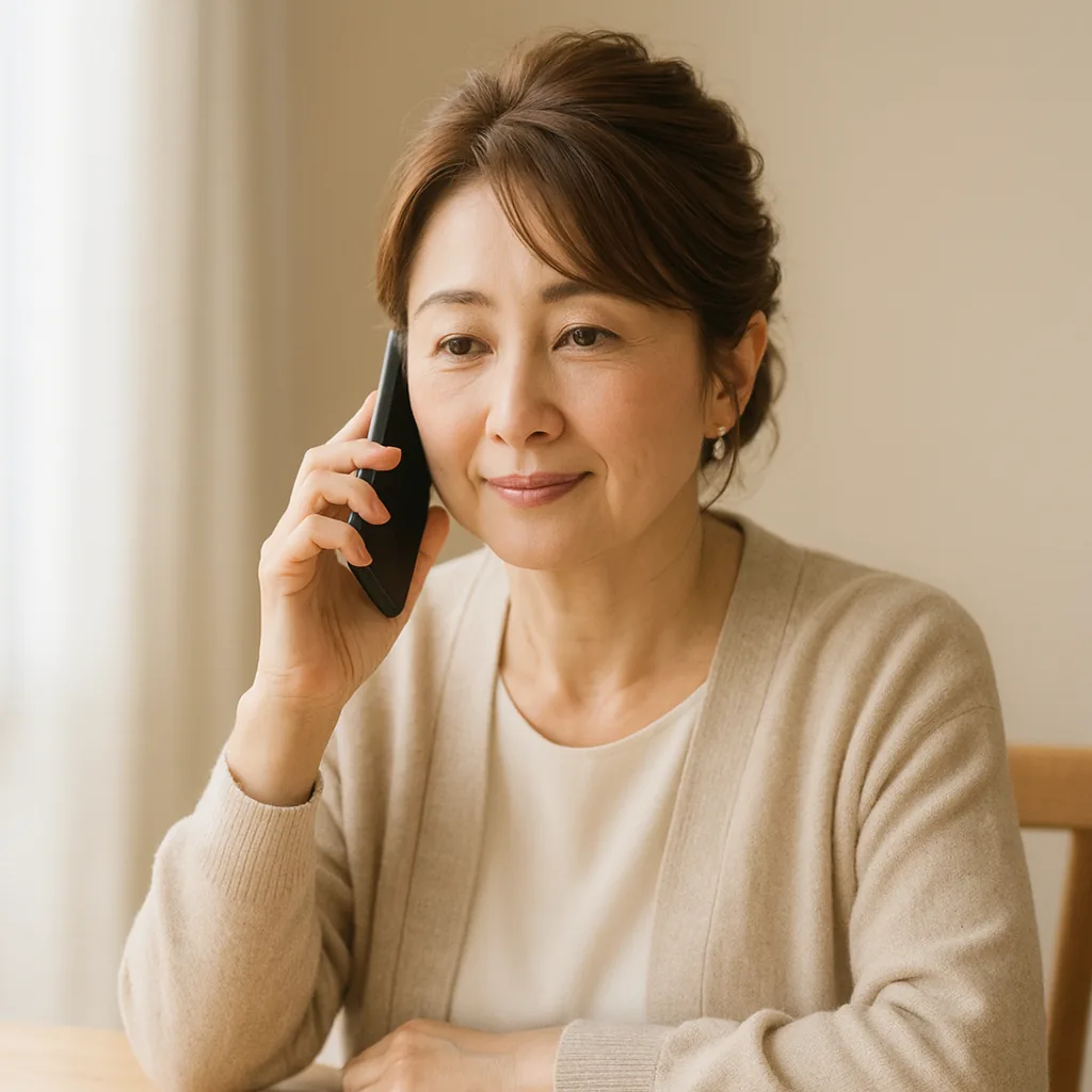 自宅のテーブルで電話を耳にあて、おだやかに聞いている母