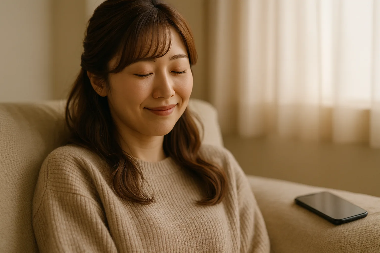 電話を置いて、ソファでほっと息をつく女性