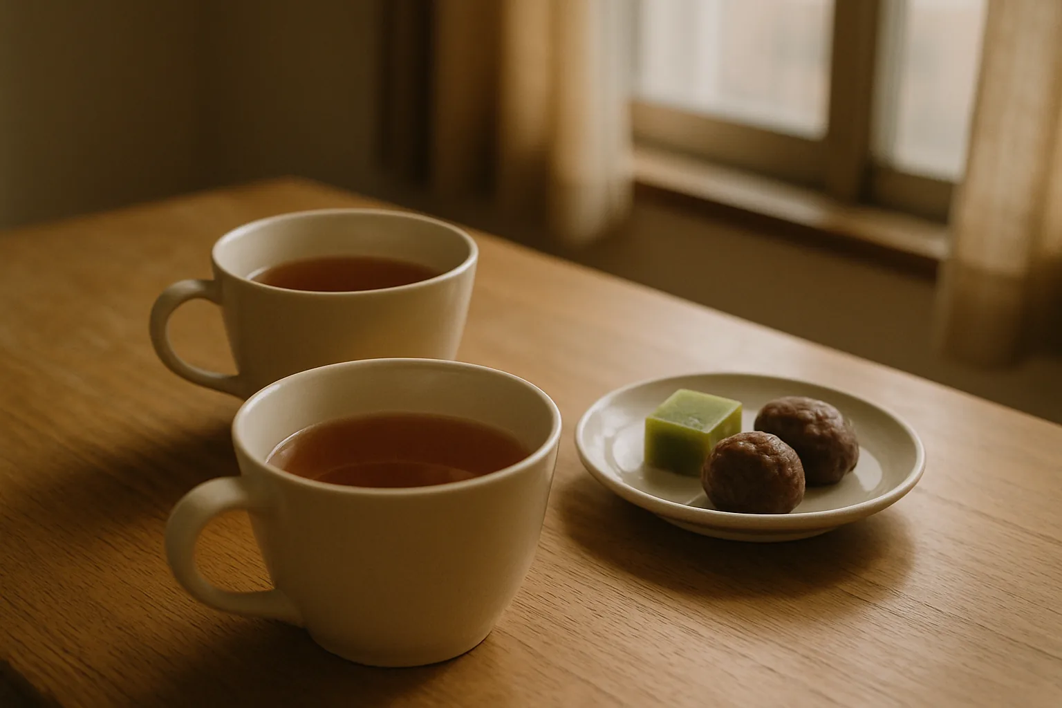 手をつけないまま冷めていく湯のみ2つと、小さな菓子皿