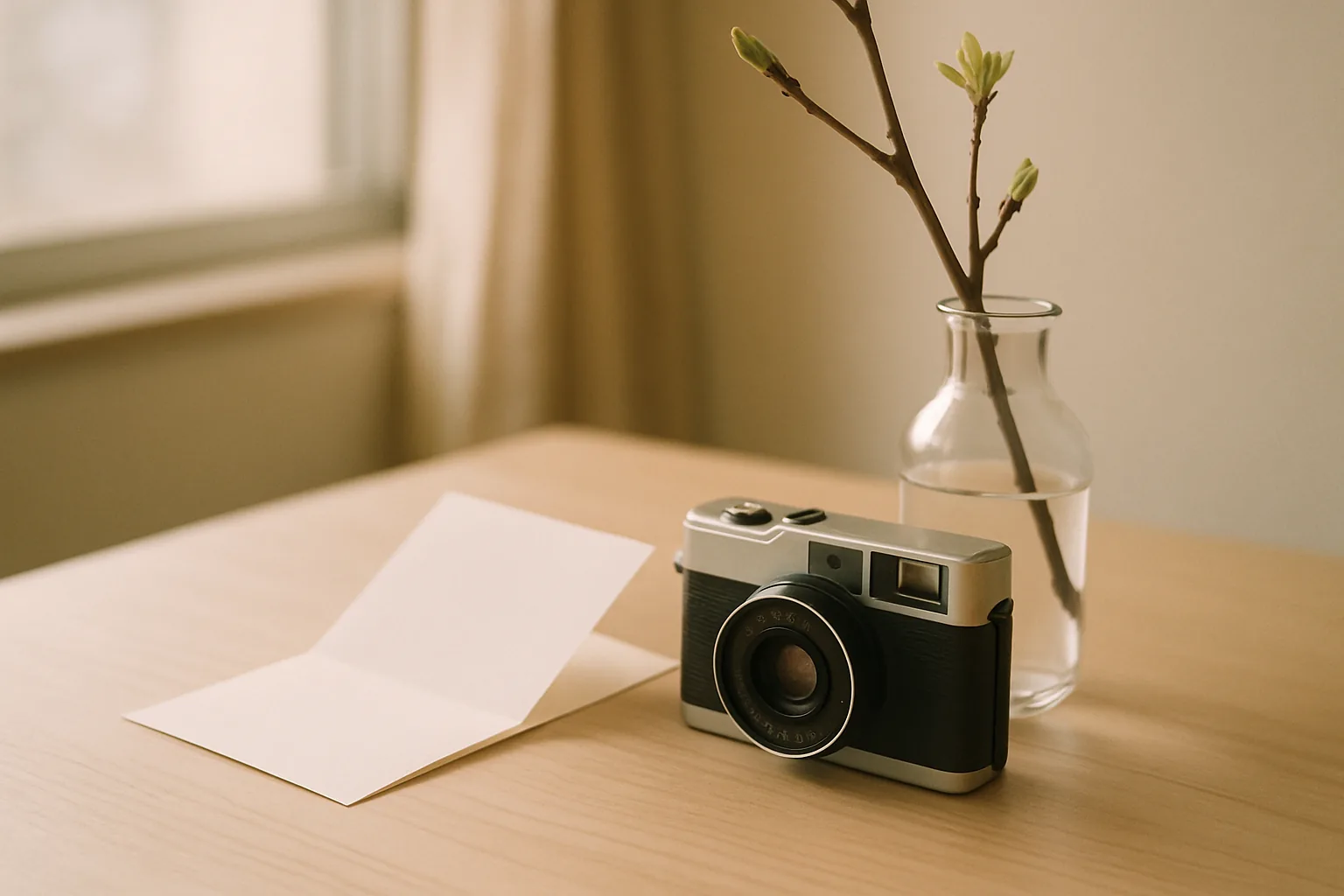 テーブルに置かれた小さなフィルムカメラと折りたたんだ白い紙、一輪の枝もの