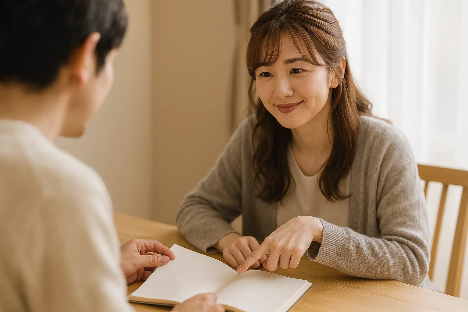 後ろ姿の男性の隣で、ノートを指さして決めた表情の女性