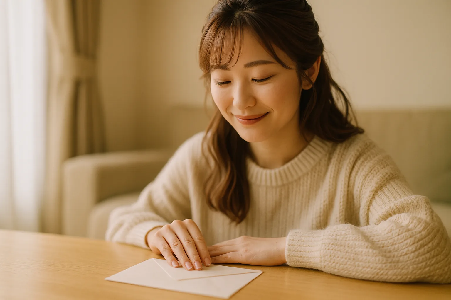 封をした無地の封筒をテーブルに置き、その上に手を添える女性