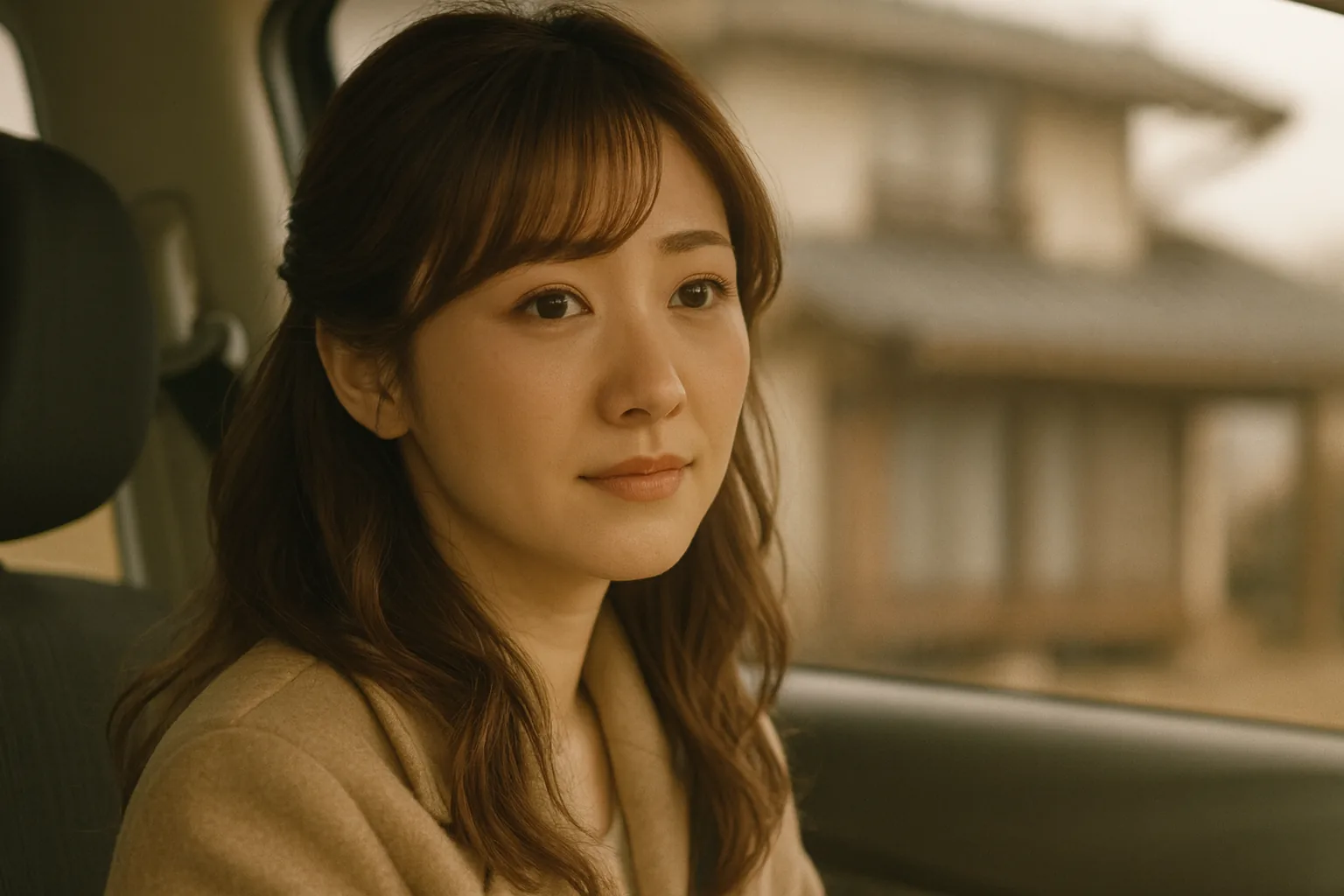 車の助手席から、窓ごしに遠ざかる実家を振り返る女性