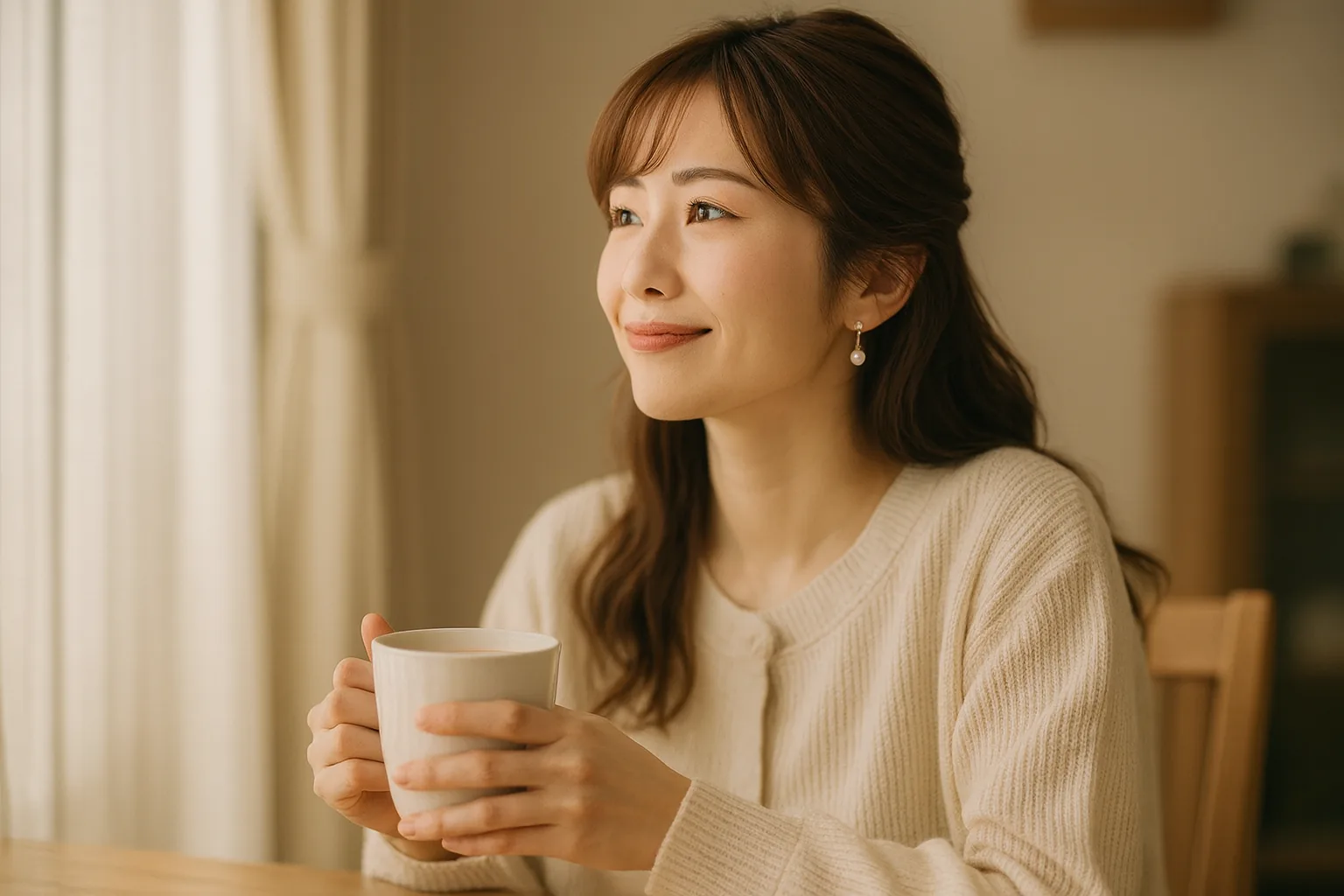 午後の食卓で湯のみを両手で包み、窓のほうを見て静かにほほえむ女性