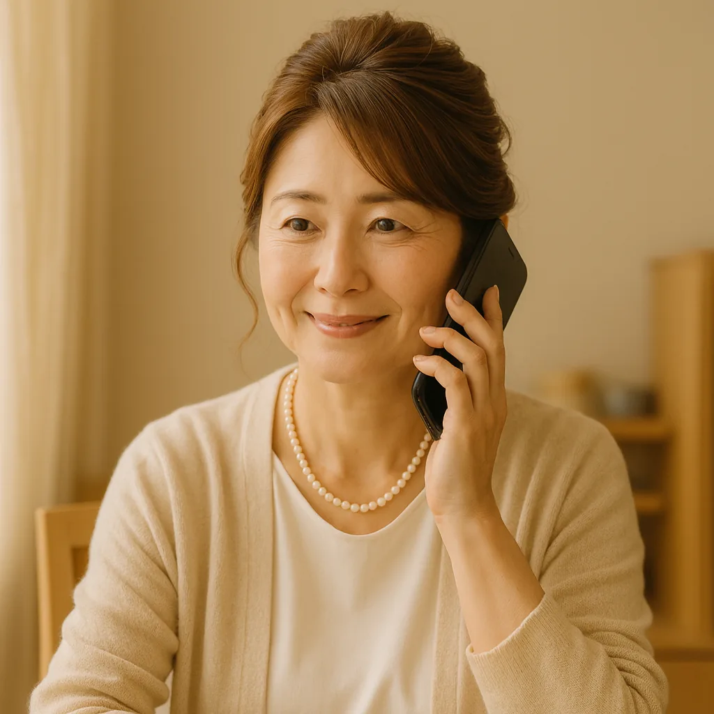 自宅のテーブルで電話を耳にあて、おだやかにほほえむ母